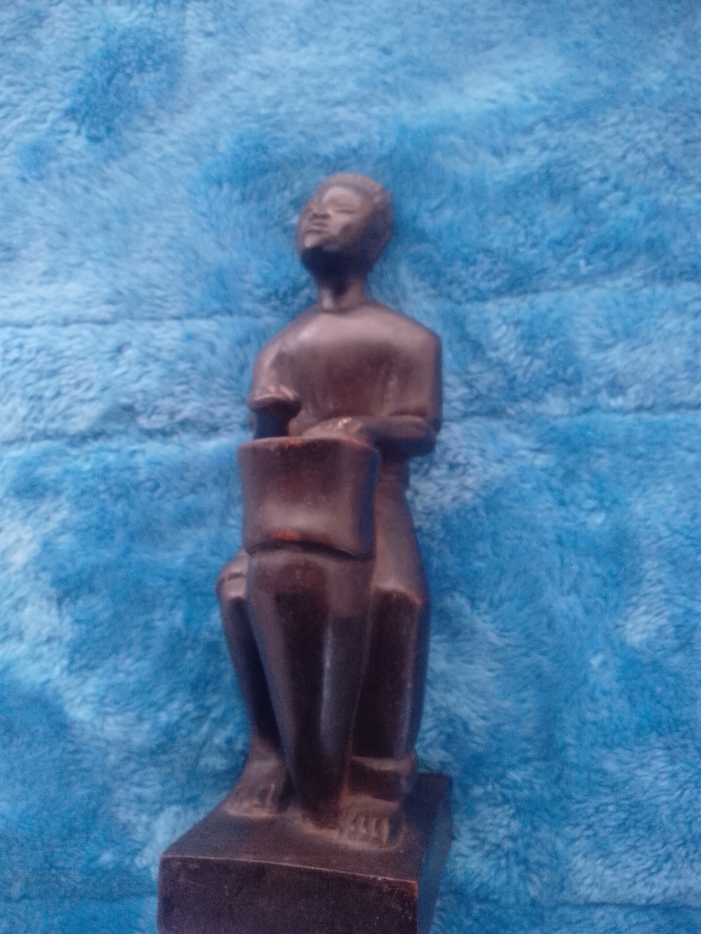 Hand-Carved Dark Wood Seated Figurine vintage Tribal musician 11"